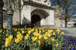 Haupteingang mit Frühlingsblumen der Evangelischen Gustav-Adolf-Kirche